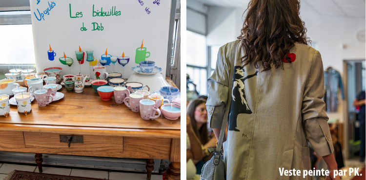 Bougies créées dans des tasses provenant des Ressourceries l'Abri. Une veste peinte d'une réplique de "La Fille au ballon", œuvre de l'artiste Banksy.