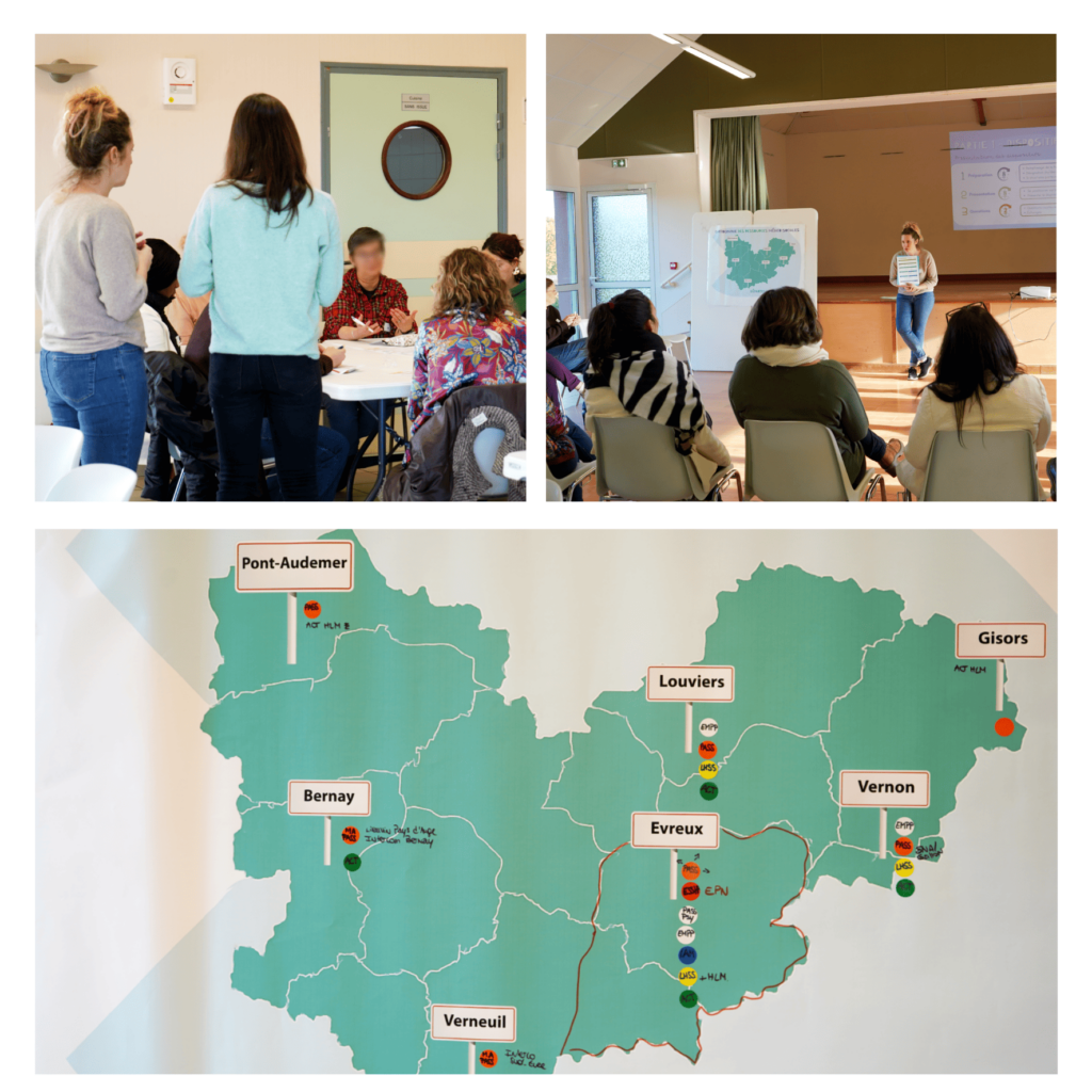 Trois photos sont présentées dont deux montrent les participants en train d'échanger puis d'écouter les consignes de l'atelier. Ensuite une dernière photo présente la carte de l'Eure sur laquelle les dispositifs médico-sociaux présents à l'événement sont situés géographiquement.