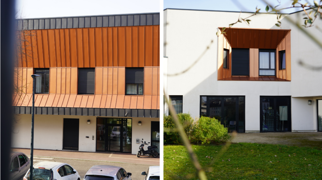 Deux photos de la Résidence Habitat Jeunes. La première représente la devanture de la Résidence et la seconde montre la façade arrière côté jardin.