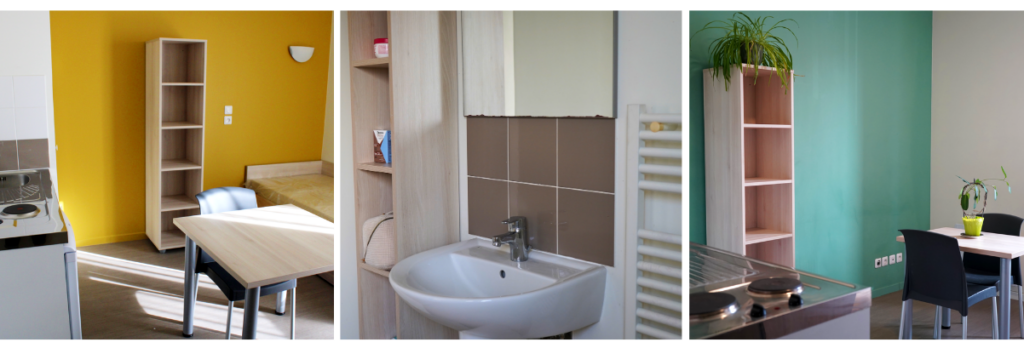 Trois photos représentant respectivement un studio avec plaques de cuisson, table, chaise, rangements et lit. La deuxième la salle de bain et une troisième photo cette fois d'un autre studio aux mêmes caractéristiques que le premier. 